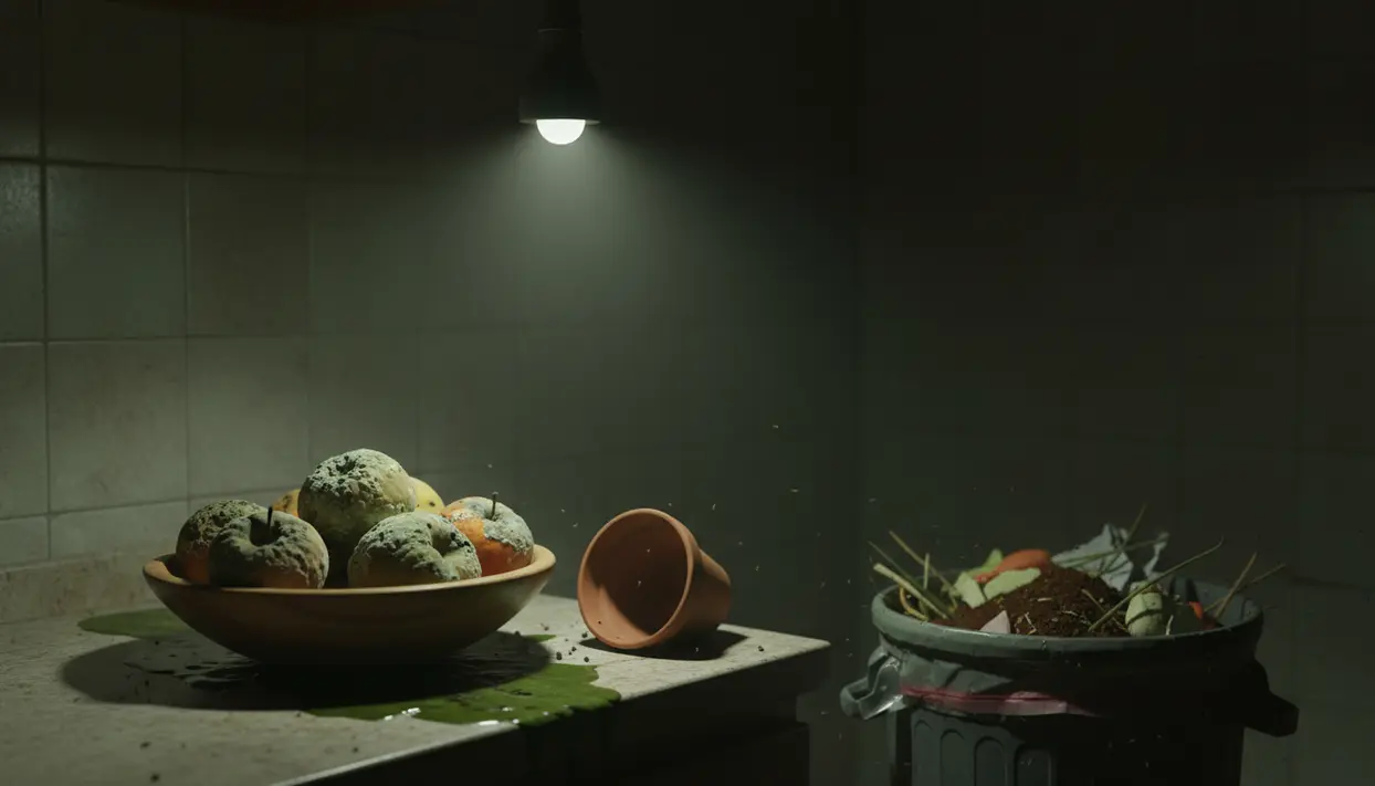 Frutta ammuffita su un tavolo accanto a un cestino pieno di rifiuti organici in cucina, sotto una lampada