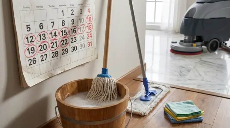 Secchio con mocio e panni per pulire il pavimento, con calendario e macchina lavasciuga sullo sfondo