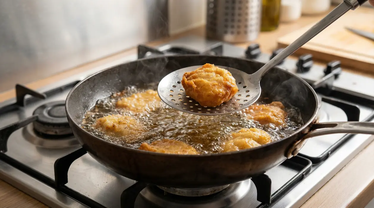 Frittura di cibo dorato in padella su fornello a gas con schiumarola