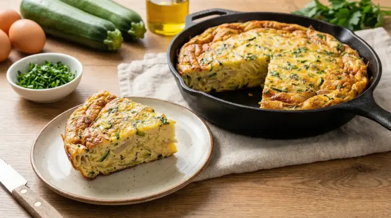 Frittata alta e soffice con zucchine servita in padella e una fetta su un piatto