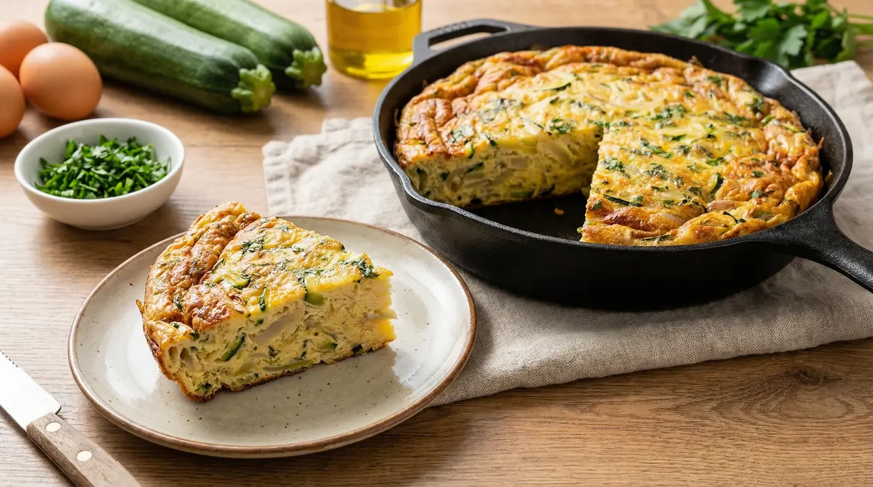 Frittata alta e soffice con zucchine servita in padella e una fetta su un piatto