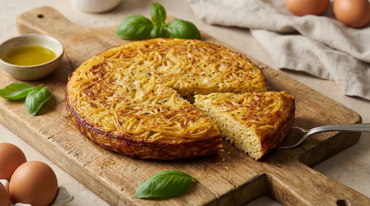 Frittata di spaghetti napoletana tagliata e servita su un tagliere di legno con foglie di basilico