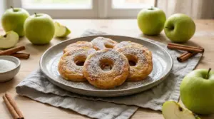 Frittelle di mele al forno spolverate di zucchero a velo su un piatto, circondate da mele verdi e cannella