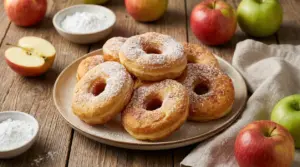 Frittelle di mele al forno su un piatto, spolverate di zucchero a velo con mele e zucchero sullo sfondo