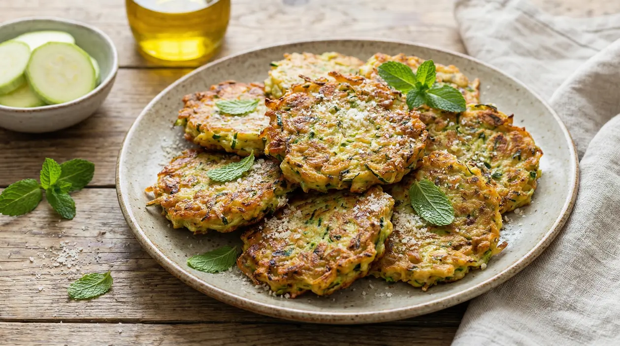 Frittelle di zucchine dorate su un piatto con foglie di menta e parmigiano grattugiato