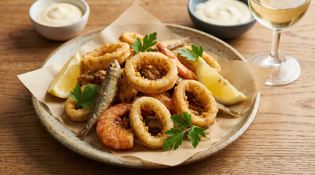 Piatto di frittura di pesce con calamari, gamberi, alici, limone e salse su un tavolo di legno.