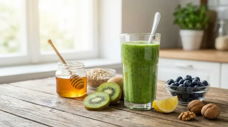 Frullato verde con kiwi, miele, mirtilli e altri ingredienti naturali su un tavolo di cucina