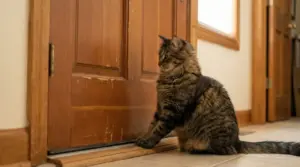 Gatto tigrato seduto davanti a una porta in legno chiusa, con una zampa appoggiata alla soglia