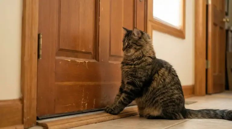 Gatto tigrato seduto davanti a una porta in legno chiusa, con una zampa appoggiata alla soglia