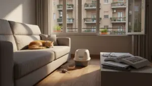 Gatto che dorme sul divano in un appartamento in condominio, con finestra sui balconi e lettiera in soggiorno