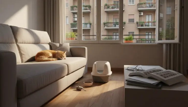 Gatto che dorme sul divano in un appartamento in condominio, con finestra sui balconi e lettiera in soggiorno