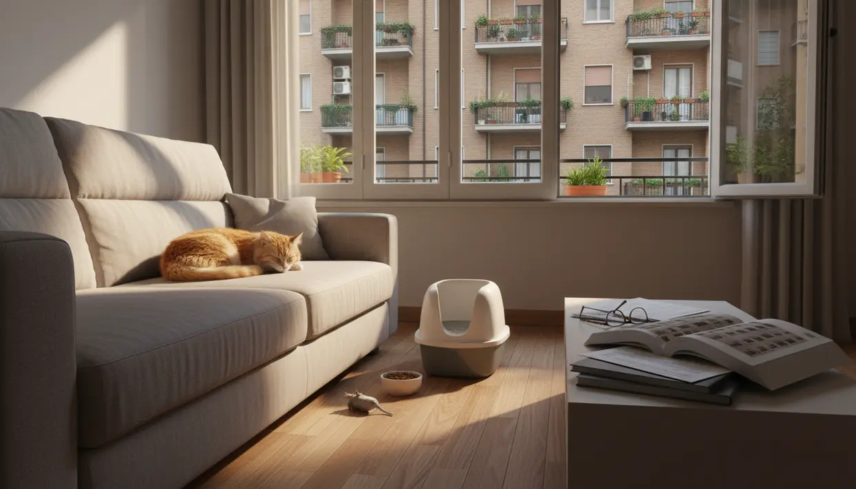 Gatto che dorme sul divano in un appartamento in condominio, con finestra sui balconi e lettiera in soggiorno