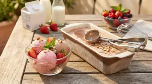 Coppe di gelato fatto in casa con fragole e nocciole su un tavolo all'aperto