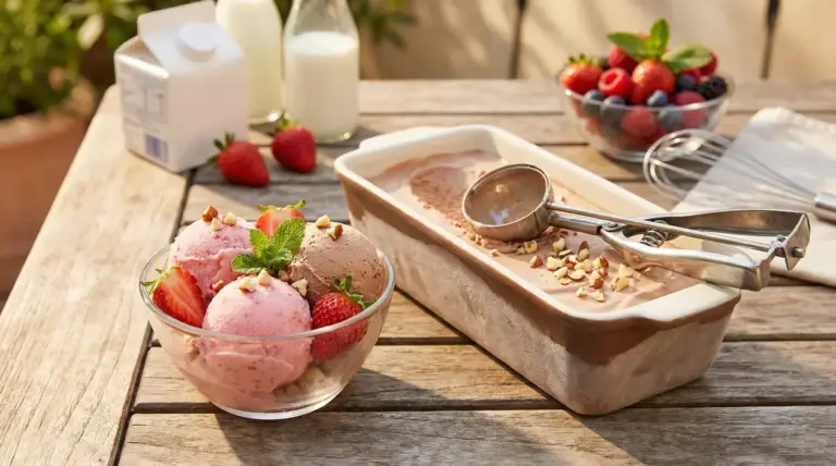 Coppe di gelato fatto in casa con fragole e nocciole su un tavolo all'aperto