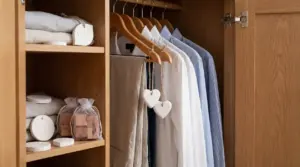 Gessetti profumati appesi e riposti in un armadio di legno tra camicie e biancheria piegata