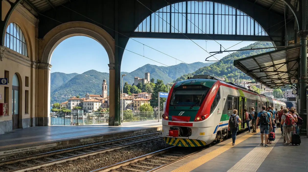 Un treno regionale in partenza da una stazione con passeggeri e vista su lago e montagne