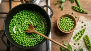 Piselli freschi in cottura con cipolla in una padella sul fornello