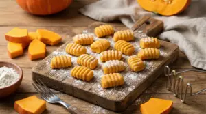 Gnocchi di zucca crudi su un tagliere di legno con farina e pezzi di zucca