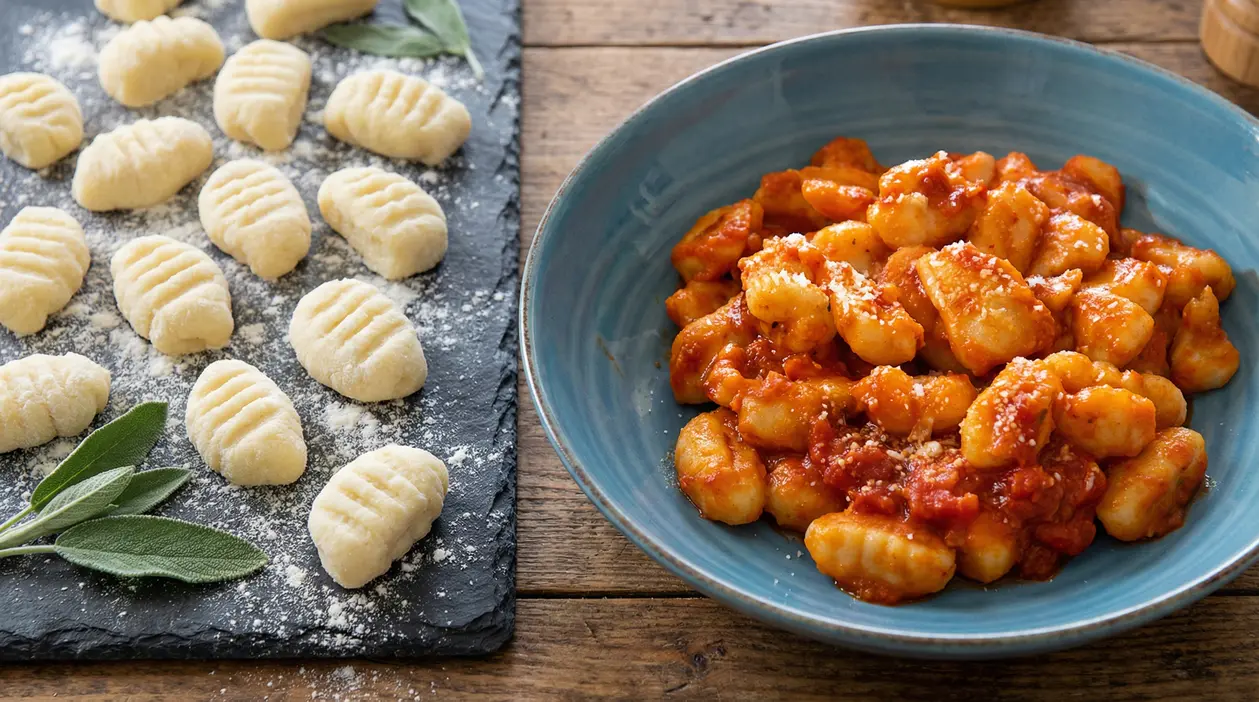Gnocchi fatti in casa crudi su un piano infarinato e gnocchi cotti con sugo di pomodoro in un piatto