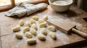 Gnocchi fatti in casa su un tavolo infarinato accanto a un rigagnocchi in legno
