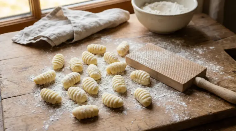 Gnocchi fatti in casa su un tavolo infarinato accanto a un rigagnocchi in legno