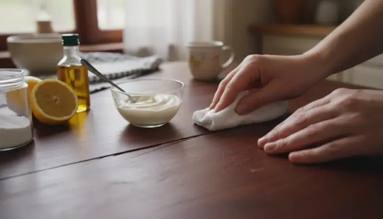 Mani che puliscono un tavolo di legno graffiato con un panno accanto a ingredienti da cucina