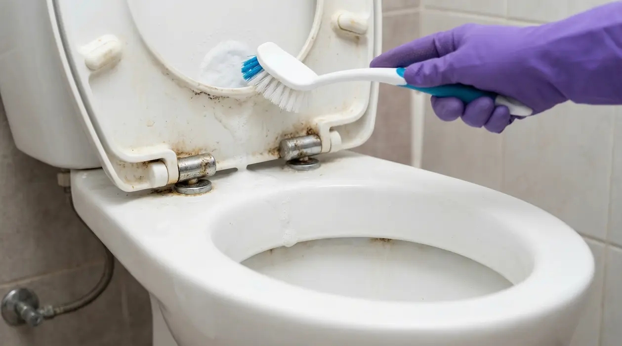 Una mano con guanto pulisce le cerniere del sedile del WC con una spazzola