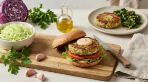 Hamburger di cavolo servito con pane integrale, pomodoro e lattuga su un tagliere di legno