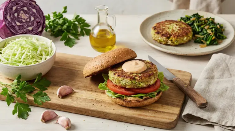 Hamburger di cavolo servito con pane integrale, pomodoro e lattuga su un tagliere di legno