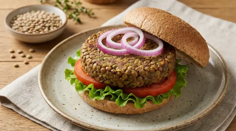 Hamburger di lenticchie con lattuga, pomodoro e cipolla rossa su piatto di ceramica