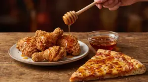 Pollo fritto e pizza conditi con hot honey su un tavolo rustico in legno