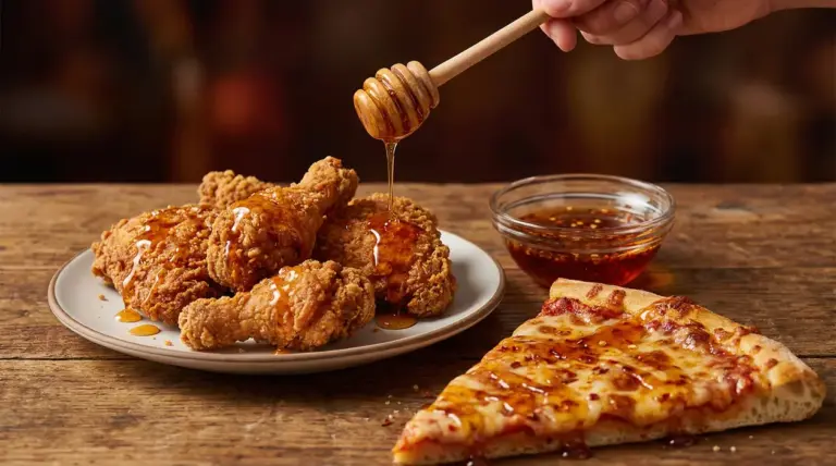 Pollo fritto e pizza conditi con hot honey su un tavolo rustico in legno