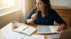 Una persona seduta a una scrivania mentre riflette con penna alla bocca, circondata da notebook e documenti