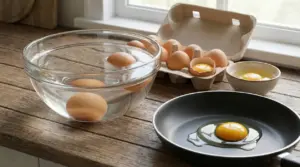 Uova in una ciotola d'acqua, su un tavolo con uova rotte e crude in padella