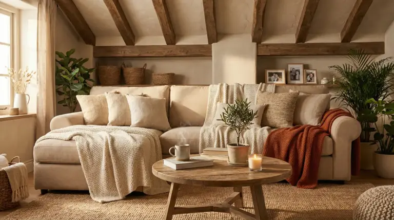Soggiorno accogliente con divano beige, coperte e decorazioni naturali