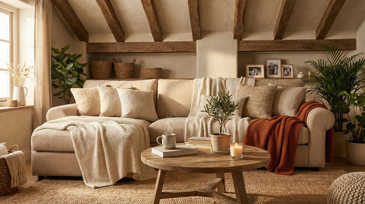 Soggiorno accogliente con divano beige, coperte e decorazioni naturali