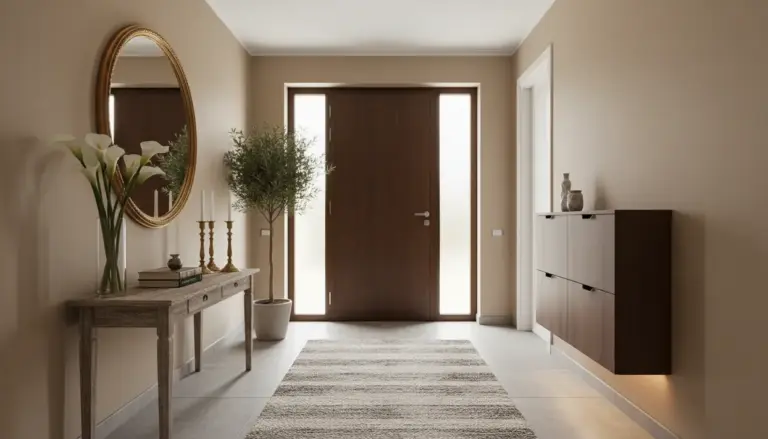 Ingresso moderno con porta in legno, consolle con specchio ovale, pianta in vaso e tappeto neutro