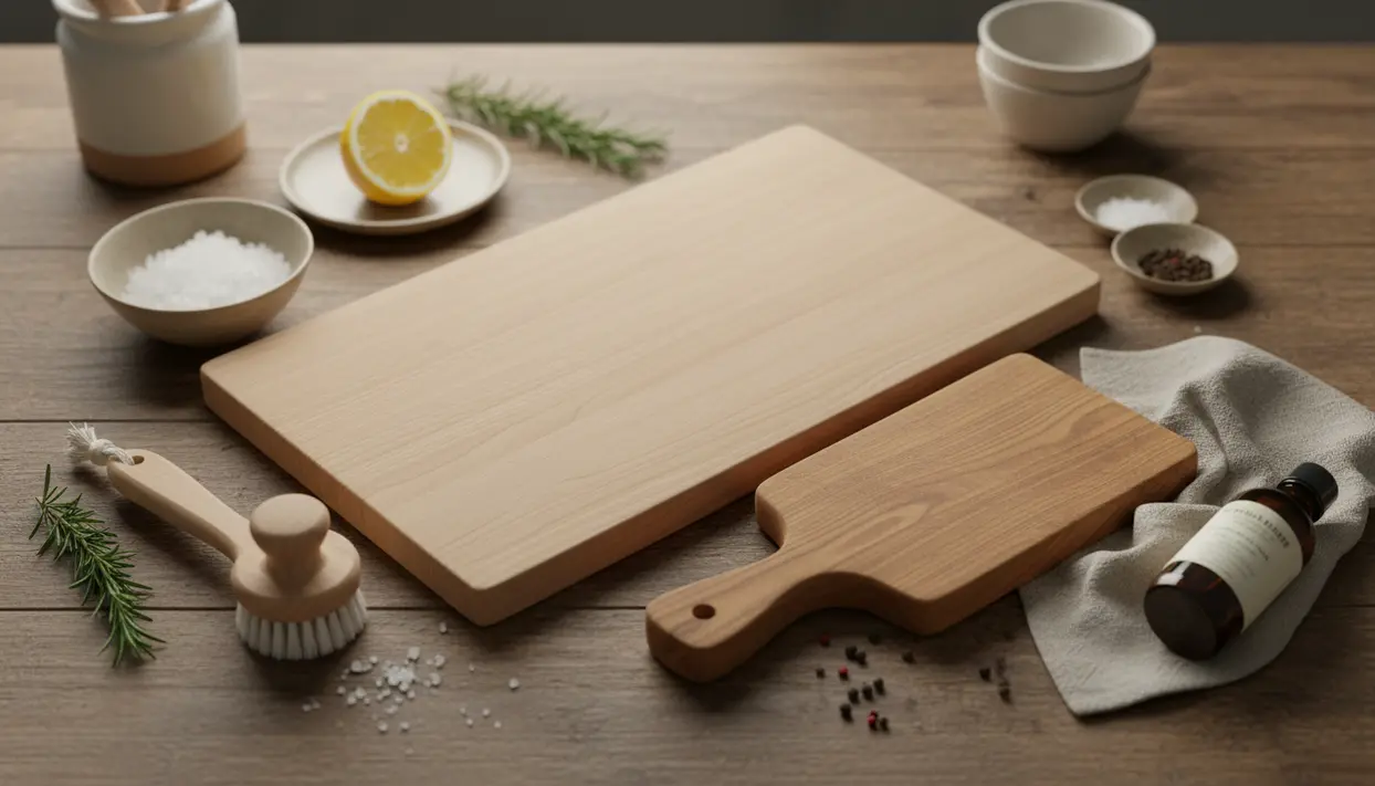 Taglieri in legno con ingredienti naturali per la pulizia su un tavolo di cucina