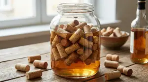 Barattolo di vetro con tappi di sughero immersi in alcool su un tavolo di legno