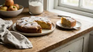 Torta soffice fatta in casa con zucchero a velo su un tavolo rustico di legno