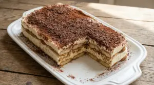 Dessert al cucchiaio con strati di crema e biscotti, servito su un vassoio bianco