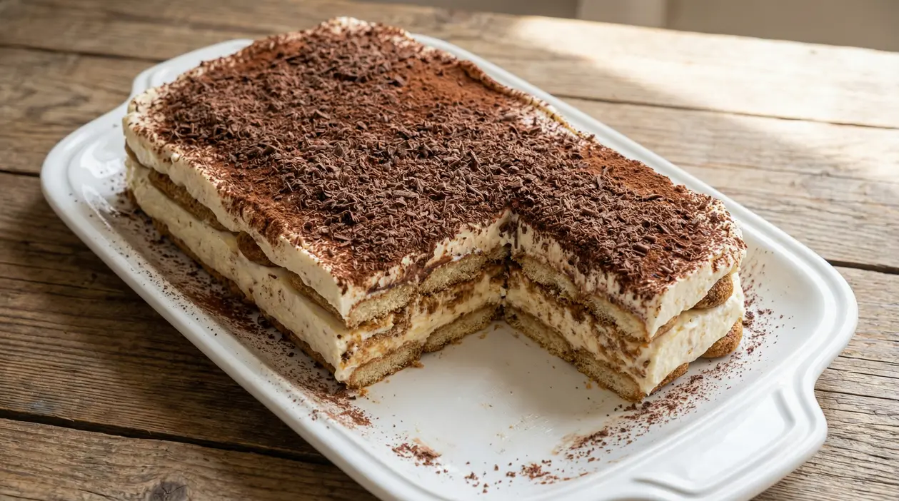 Dessert al cucchiaio con strati di crema e biscotti, servito su un vassoio bianco