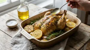 Pollo arrosto in teglia con patate, limone, aglio e rosmarino, condito con un cucchiaio