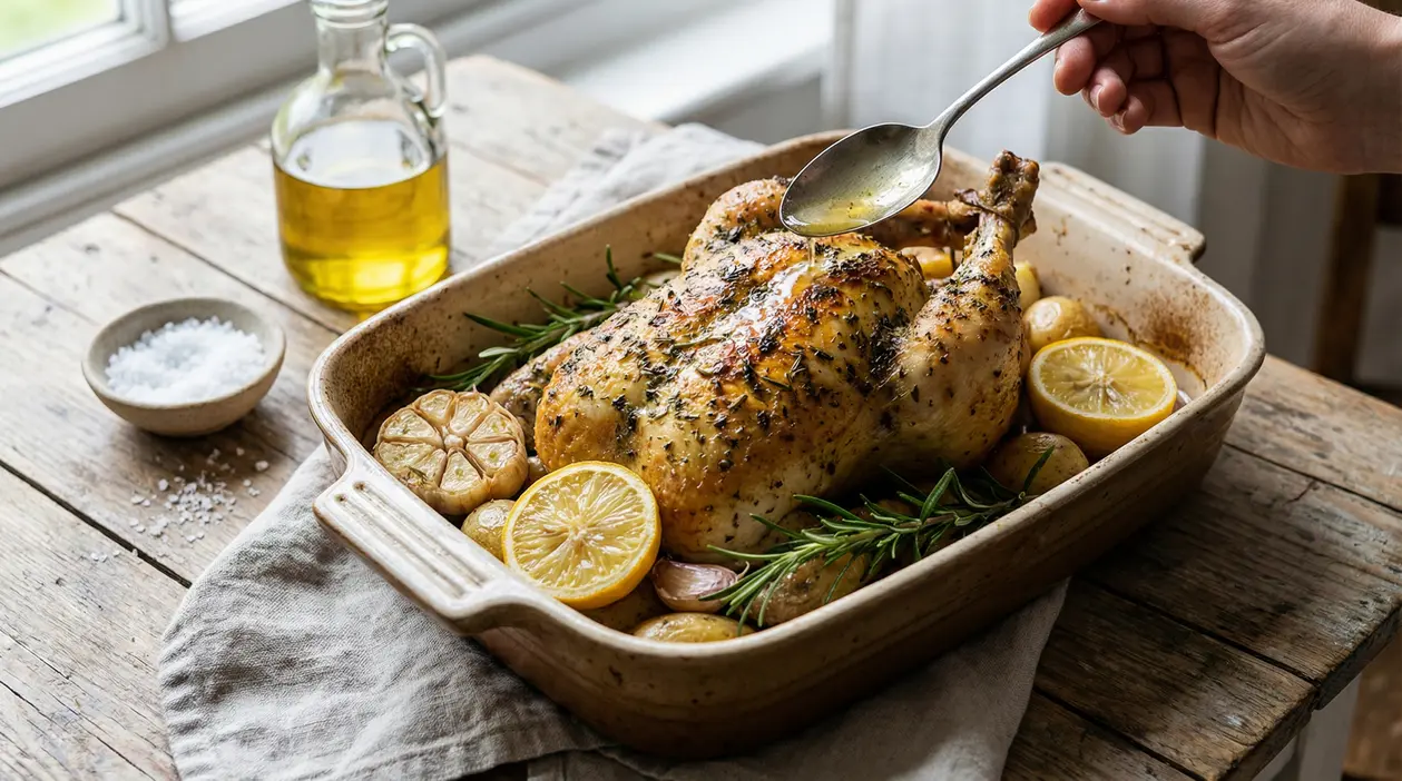 Pollo arrosto in teglia con patate, limone, aglio e rosmarino, condito con un cucchiaio