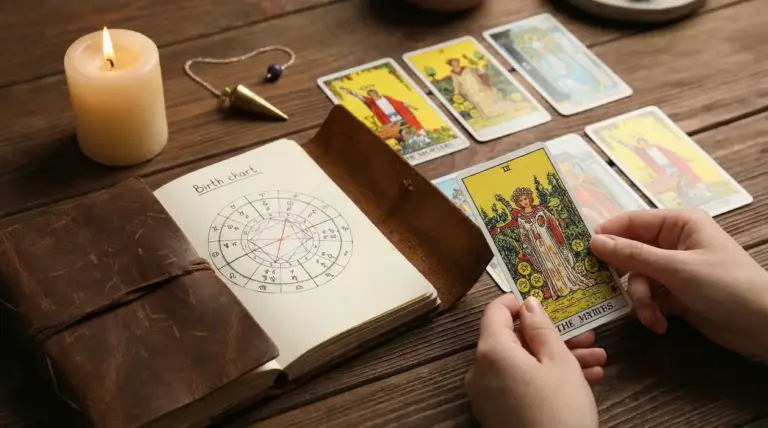 Mani che tengono una carta dei tarocchi vicino a un grafico astrologico su un tavolo di legno