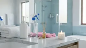 Bagno luminoso con asciugamani, detergenti, diffusore e candela per un profumo di pulito