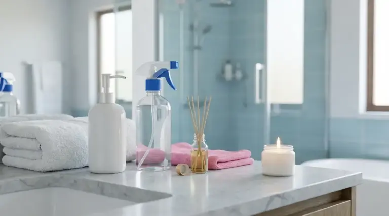 Bagno luminoso con asciugamani, detergenti, diffusore e candela per un profumo di pulito