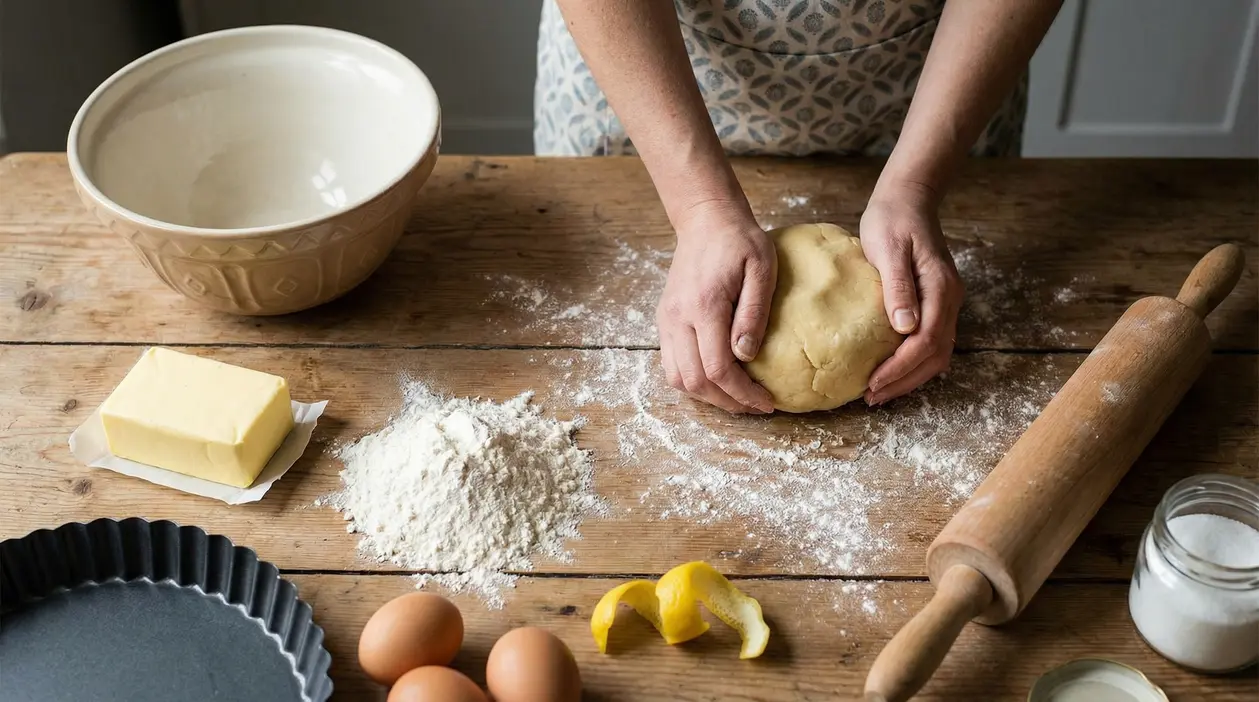 Mani che impastano pasta frolla su un tavolo con ingredienti e utensili da cucina
