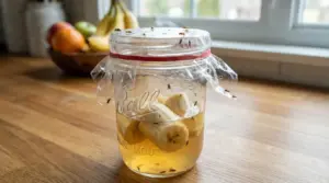 Barattolo con esca alla banana usato come trappola fai da te contro mosche e moscerini in cucina