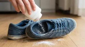 Mano che versa borotalco dentro una scarpa da ginnastica per eliminare i cattivi odori